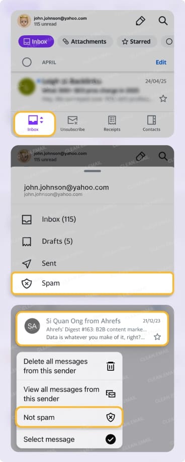 How to mark an email as not spam in the Yahoo Mail app