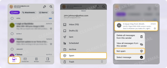 How to mark an email as not spam in the Yahoo Mail app