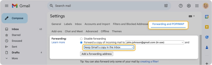 Settings for email address forwarding