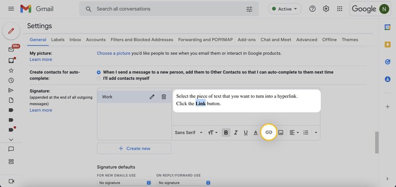 Add a hyperlink to a Gmail signature