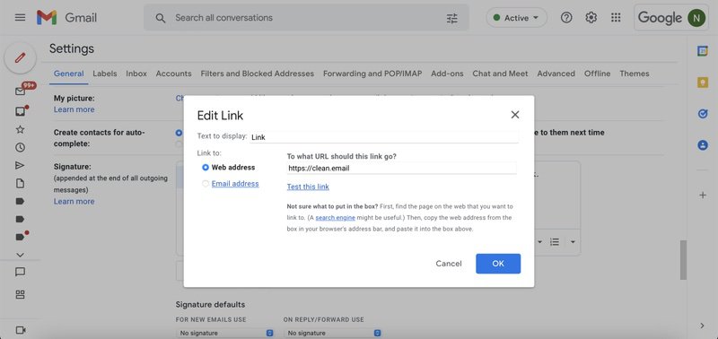 Add hyperlink to a signature in Gmail