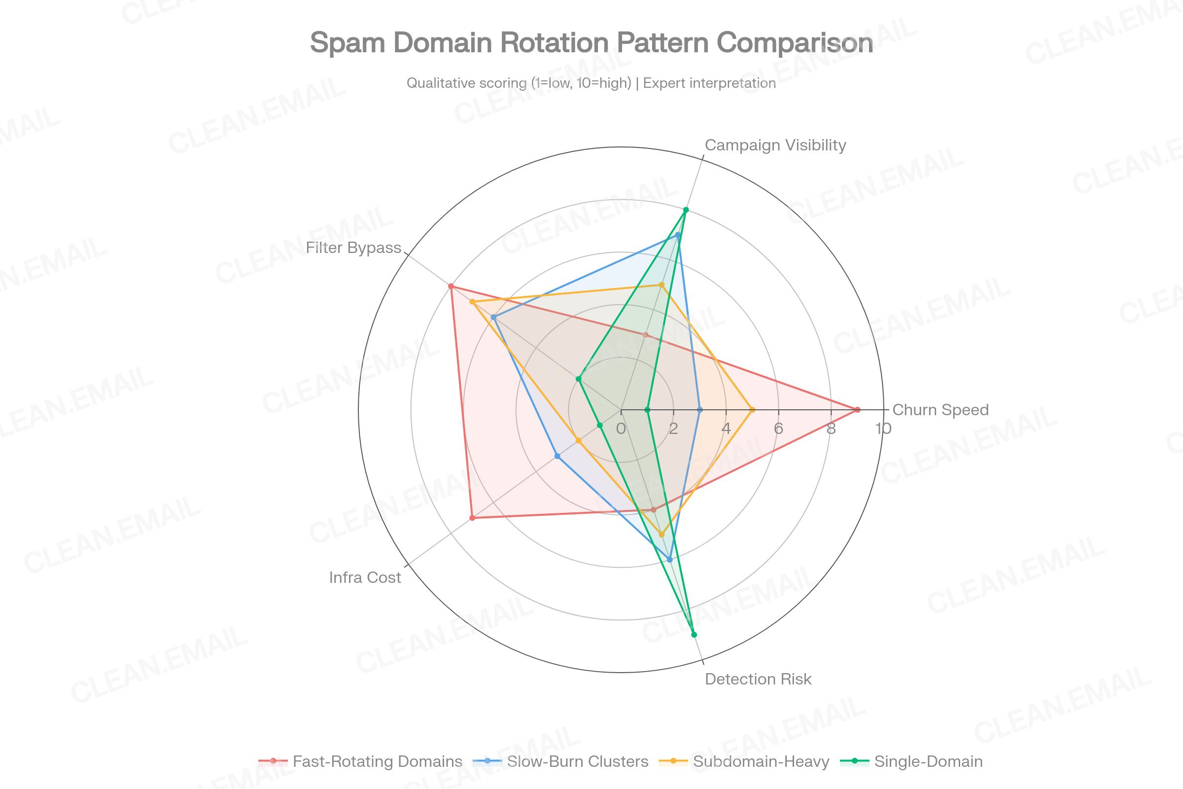 Radar or schematic diagram illustrating the three-pool spam domain rotation model — one domain actively sending, one fully warmed and standing by, one in the aging phase — with the typical ~2-month domain lifespan and rotation triggers