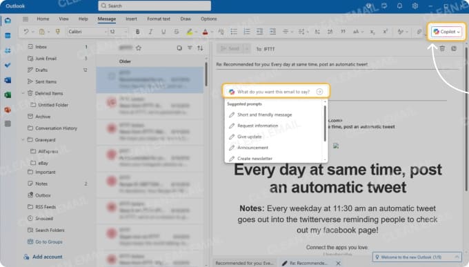 Microsoft Copilot for Outlook email summaries and reply drafting