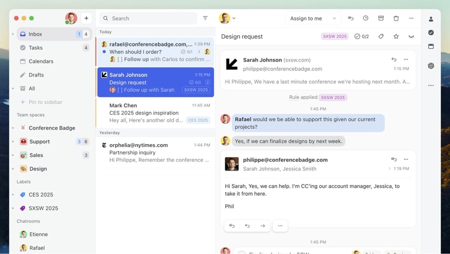 Missive is a team email/chat app known for shared inboxes and now offers AI integration via OpenAI