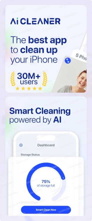 AI Cleaner app screens showing privacy protection, duplicate photo removal, and a smart cleaning dashboard with storage status