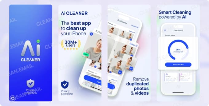 AI Cleaner app screens showing privacy protection, duplicate photo removal, and a smart cleaning dashboard with storage status