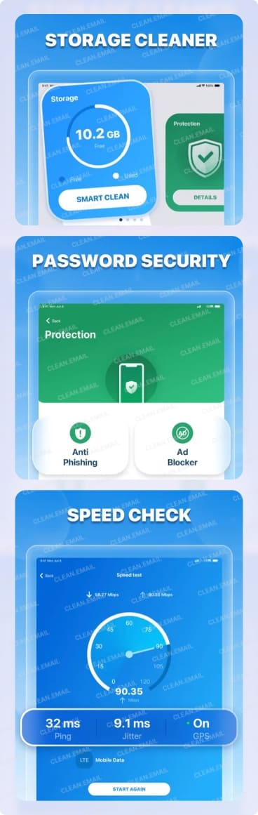 Cleaner AI app interface displaying storage cleaning, password protection tools, and internet speed test results