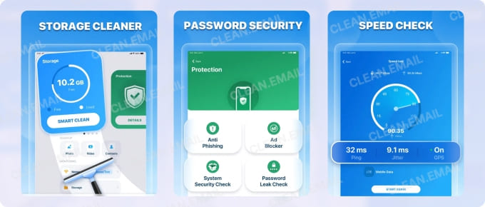 Cleaner AI app interface displaying storage cleaning, password protection tools, and internet speed test results
