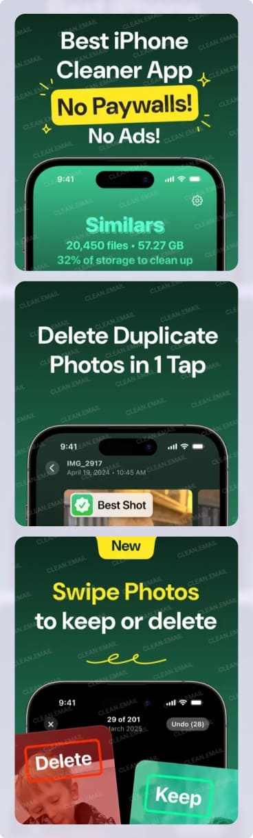 Clever Cleaner app interface showing features like deleting duplicate photos, swiping to delete or keep images, and removing large files