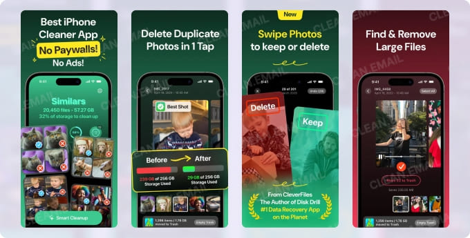 Clever Cleaner app interface showing features like deleting duplicate photos, swiping to delete or keep images, and removing large files