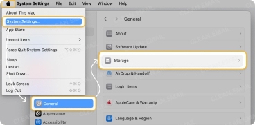 Mac System Settings menu showing how to access storage details by selecting System Settings from the Apple menu, then navigating to General and Storage