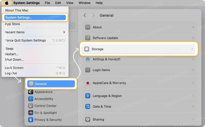 Mac System Settings menu showing how to access storage details by selecting System Settings from the Apple menu, then navigating to General and Storage