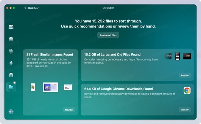 CleanMyMac interface displaying file review summary, showing files grouped into similar images, large old files, and Google Chrome downloads for cleanup