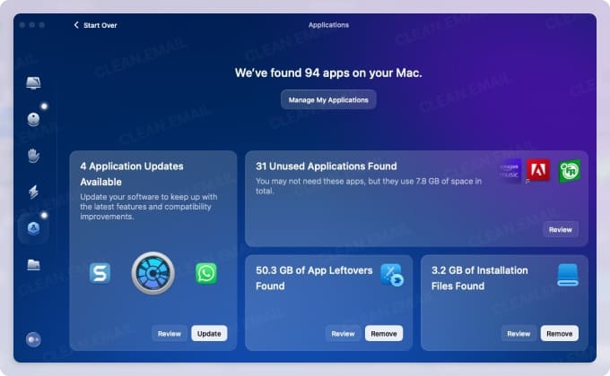 CleanMyMac screen showing installed apps with details on unused apps, app leftovers, and installation files, along with storage space each occupies