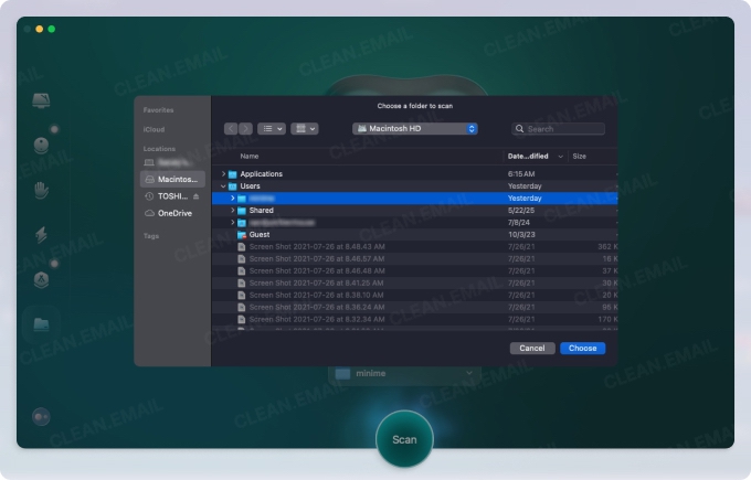 CleanMyMac interface displaying a system folder picker with user directories selected for targeted cleanup