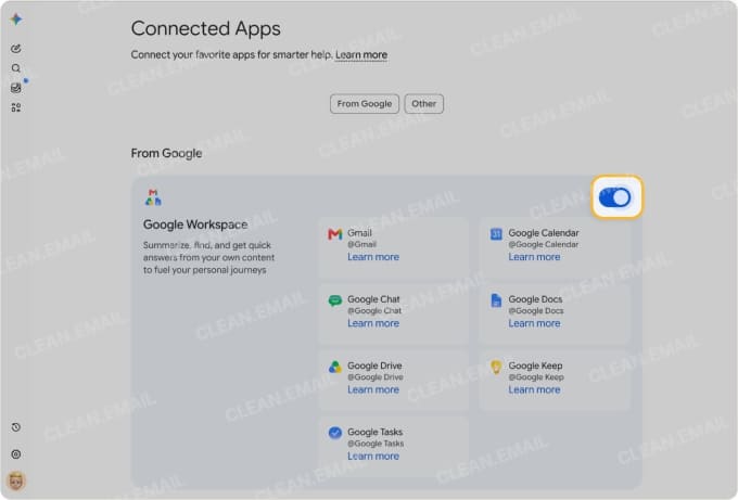 Turn on the toggle for Google Workspace