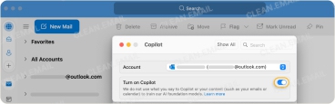 Copilot settings window in Outlook Mac with the toggle enabled for the selected Outlook account