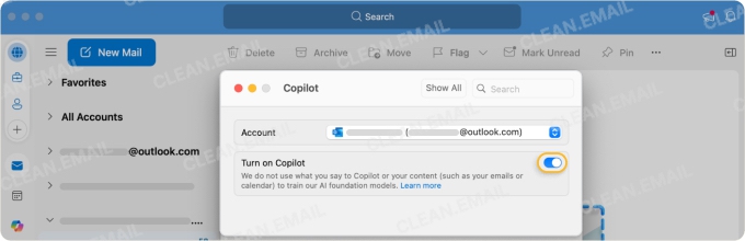 Copilot settings window in Outlook Mac with the toggle enabled for the selected Outlook account