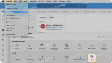 Outlook Mac settings menu showing how to access Copilot from the top menu and locate it in the settings panel