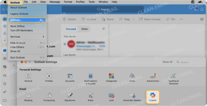 Outlook Mac settings menu showing how to access Copilot from the top menu and locate it in the settings panel
