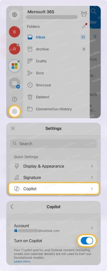 Outlook mobile app showing how to access Outlook settings and turn on Copilot for AI features