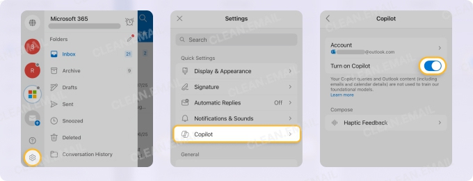 Outlook mobile app showing how to access Outlook settings and turn on Copilot for AI features