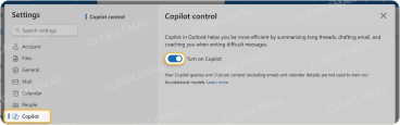 Outlook web settings screen showing the Copilot control panel with the option to toggle on Copilot for email assistance