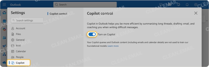 Outlook web settings screen showing the Copilot control panel with the option to toggle on Copilot for email assistance