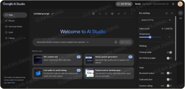 Google AI Studio dashboard with Gemini 2.5 Pro settings, showcasing prompt builder, token count, temperature control, and AI generation tools