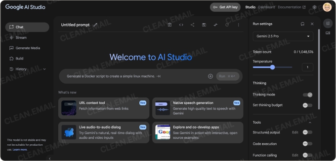 Google AI Studio dashboard with Gemini 2.5 Pro settings, showcasing prompt builder, token count, temperature control, and AI generation tools