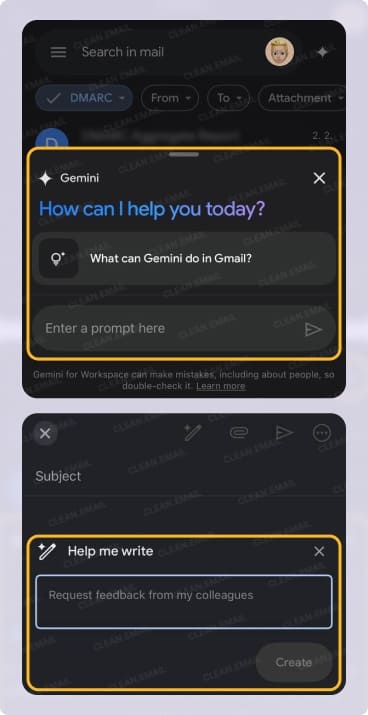 Gemini AI in Gmail displaying a prompt interface for user queries and a ‘Help me write’ feature to generate email drafts like requesting feedback