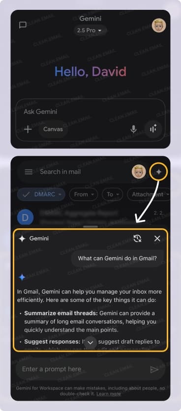 Gemini AI in Gmail interface showing welcome screen and assistant capabilities like summarizing email threads and suggesting draft replies