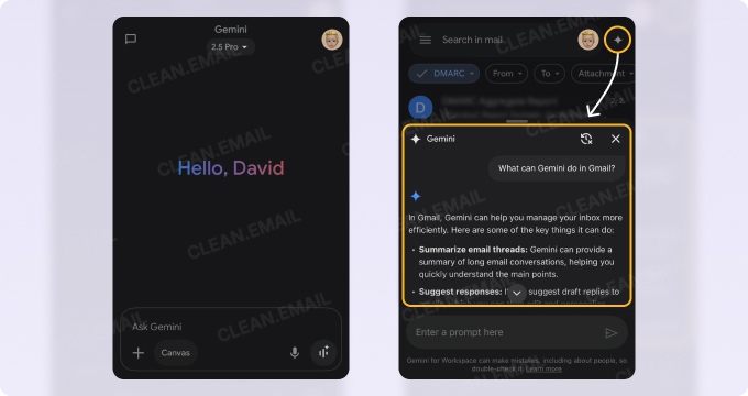 Gemini AI in Gmail interface showing welcome screen and assistant capabilities like summarizing email threads and suggesting draft replies