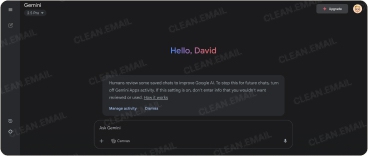 Gemini AI homepage showing a welcome message and notification about chat review settings with a prompt input area at the bottom