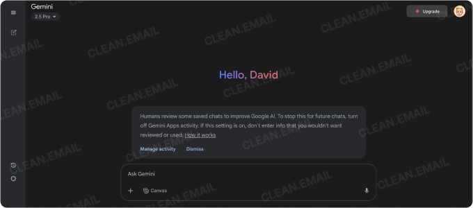 Gemini AI homepage showing a welcome message and notification about chat review settings with a prompt input area at the bottom