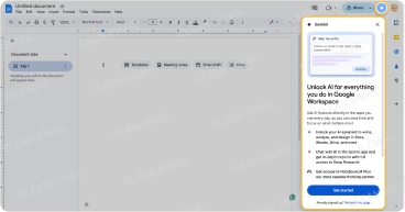 Gemini AI integration in Google Docs showing the ‘Help me write’ sidebar for drafting emails and automating content creation in Workspace