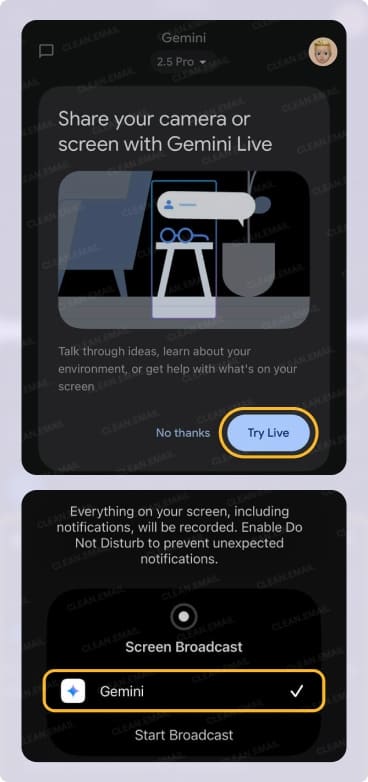 Gemini Live feature in Google Workspace prompting users to share their screen or camera for live collaboration and start a screen broadcast