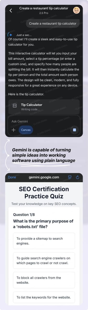 Gemini AI generating a custom restaurant tip calculator and presenting an SEO certification quiz, demonstrating how simple prompts turn into usable tools
