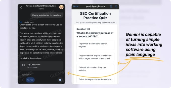 Gemini AI generating a custom restaurant tip calculator and presenting an SEO certification quiz, demonstrating how simple prompts turn into usable tools
