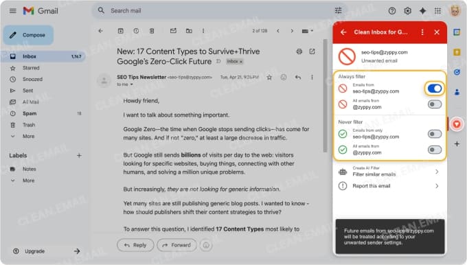 Filter emails by domain or sender