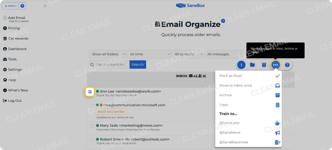 Train SaneBox by moving misfiled emails to adjust sorting