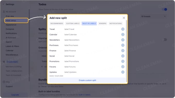 Split inbox views by sender, label, or importance