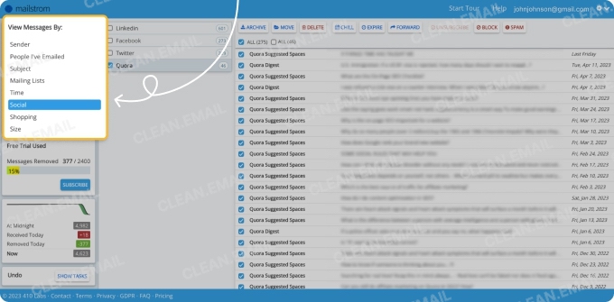 Sender-based email grouping for inbox cleanup