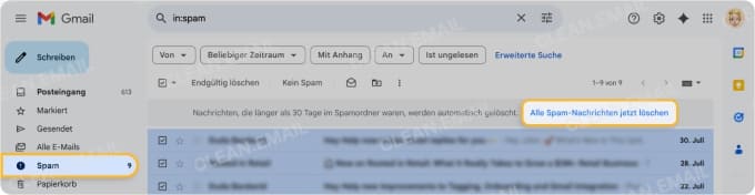 Spam und Papierkorb in Gmail leeren