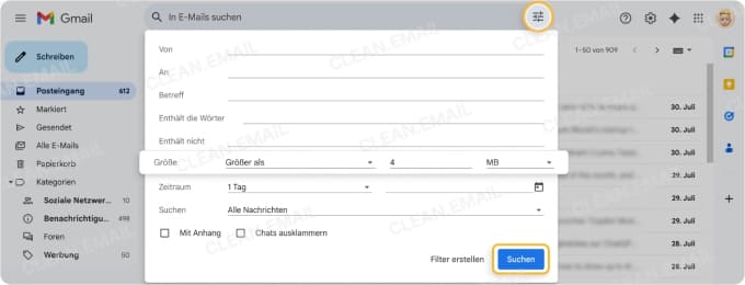 Große E-Mails in Gmail löschen