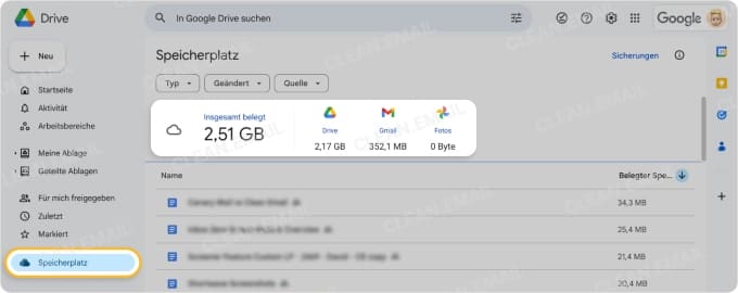 Große Dateien in Google Drive löschen