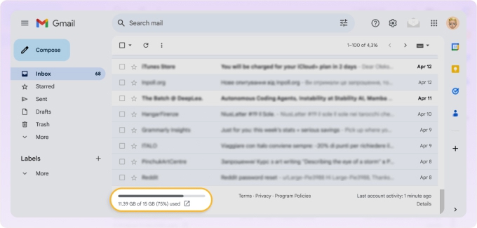 View email storage in Gmail on the web