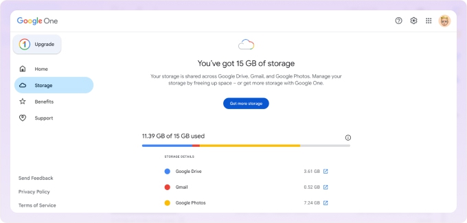 View Gmail storage in Google One