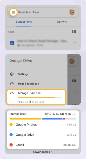 View Gmail storage in Google Drive on mobile