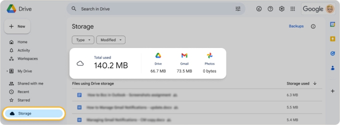 View Gmail storage in Google Drive on the web